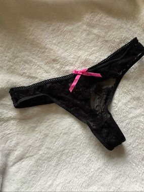 Native Intimates Black Lace G-String with Sheer Lace and Pink bow